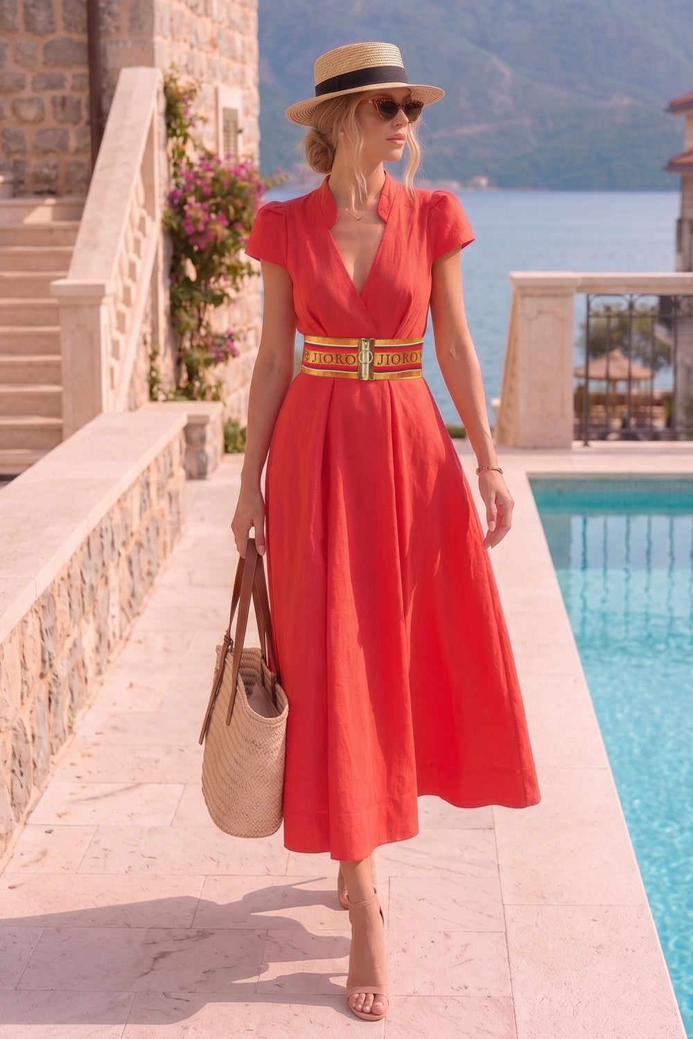 LONG FLARED LINEN DRESS IN FUCHSIA - ESSENTIALS
