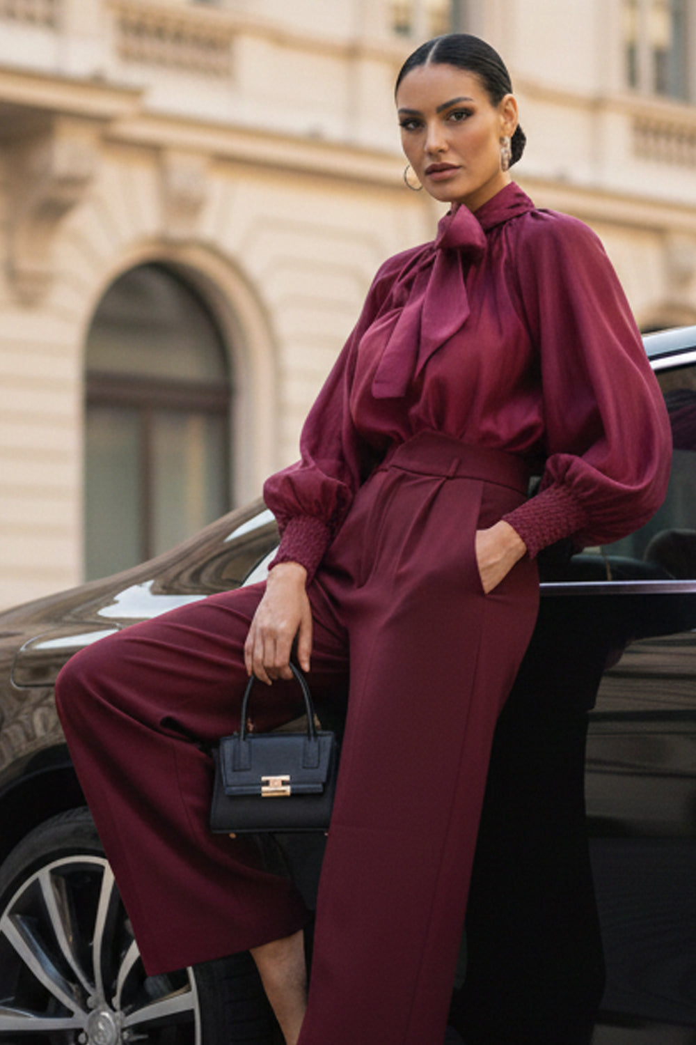 VISCOSE BLEND HIGH-WAISTED BURGUNDY TROUSERS - ESSENTIALS