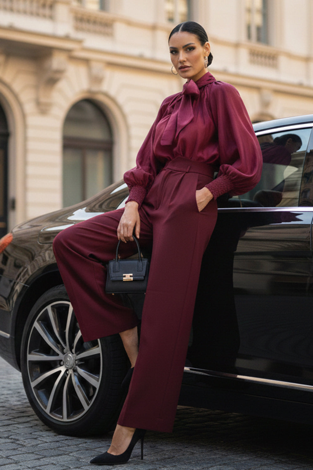 VISCOSE BLEND HIGH-WAISTED BURGUNDY TROUSERS - ESSENTIALS