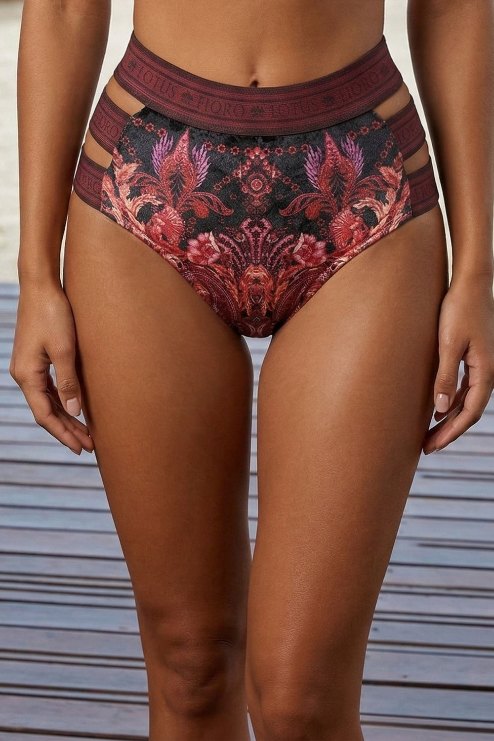 HIGH-WAISTED VELVET BIKINI BOTTOMS - PAISLEY DARK