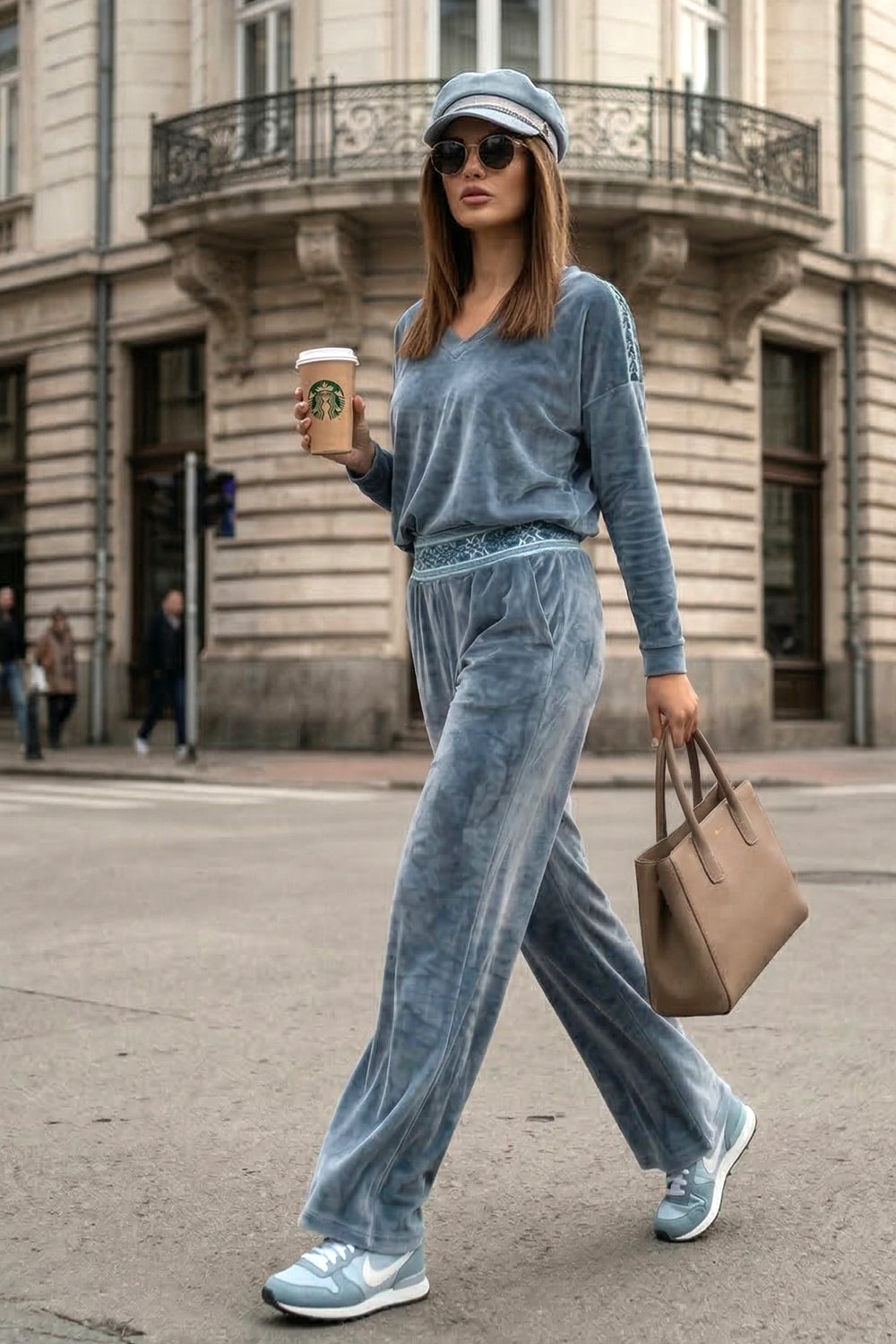 VELVET WIDE-LEG TROUSERS WITH ELASTIC WAIST IN STEEL GREY - ESSENTIALS JIORO БЛУЗА ОТ КАДИФЕ С НАБРАН КЪС РЪКАВ И V ДЕКОЛТЕ В СТОМАНЕНО СИВО - ESSENTIALS JIORO