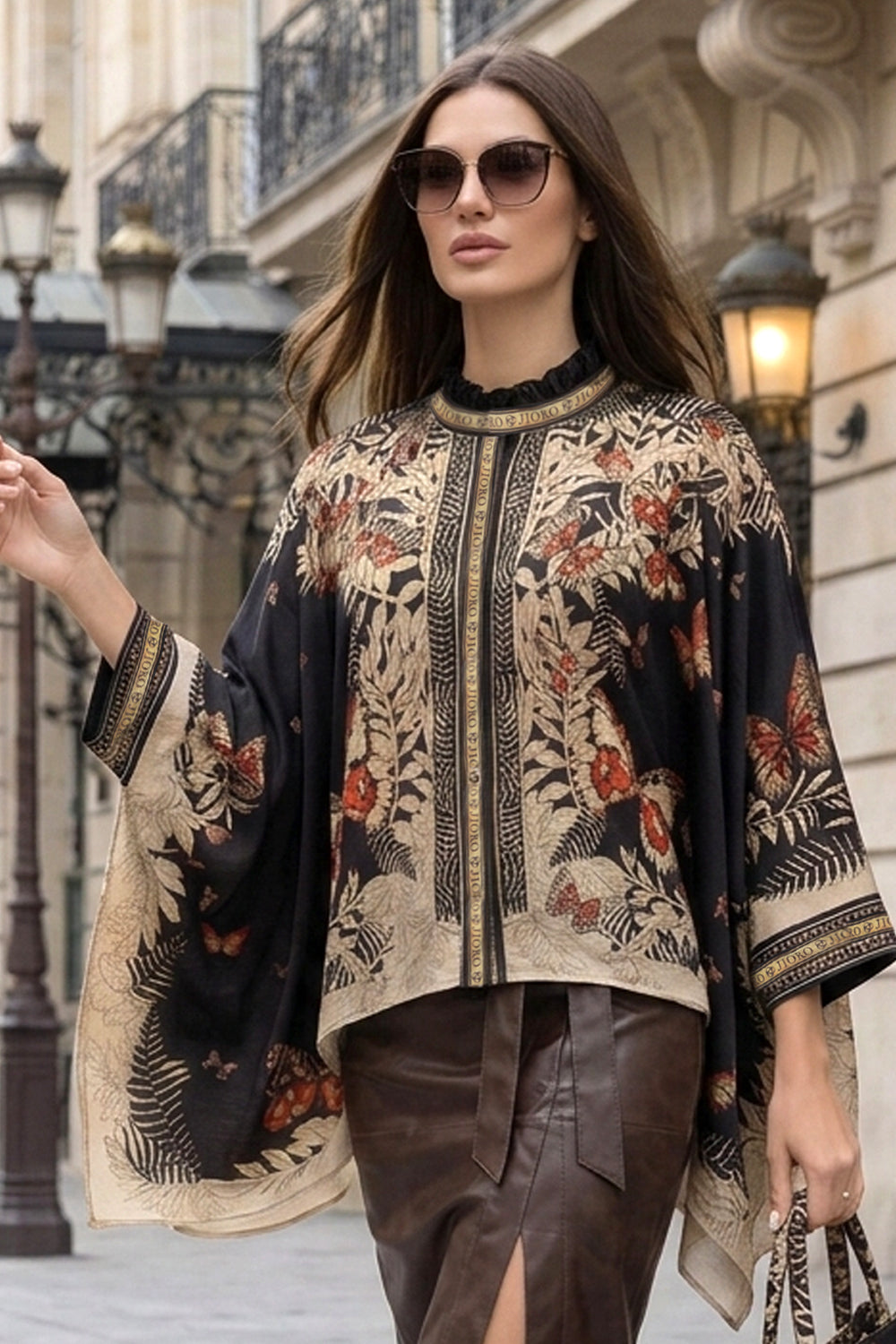 SQUARE TUNIC WITH RUFFLED COLLAR - MIDNIGHT BUTTERFLIES JIORO ПРАВОЪГЪЛНА ТУНИКА С ЯКА С НАБОРИ - MIDNIGHT BUTTERFLIES JIORO