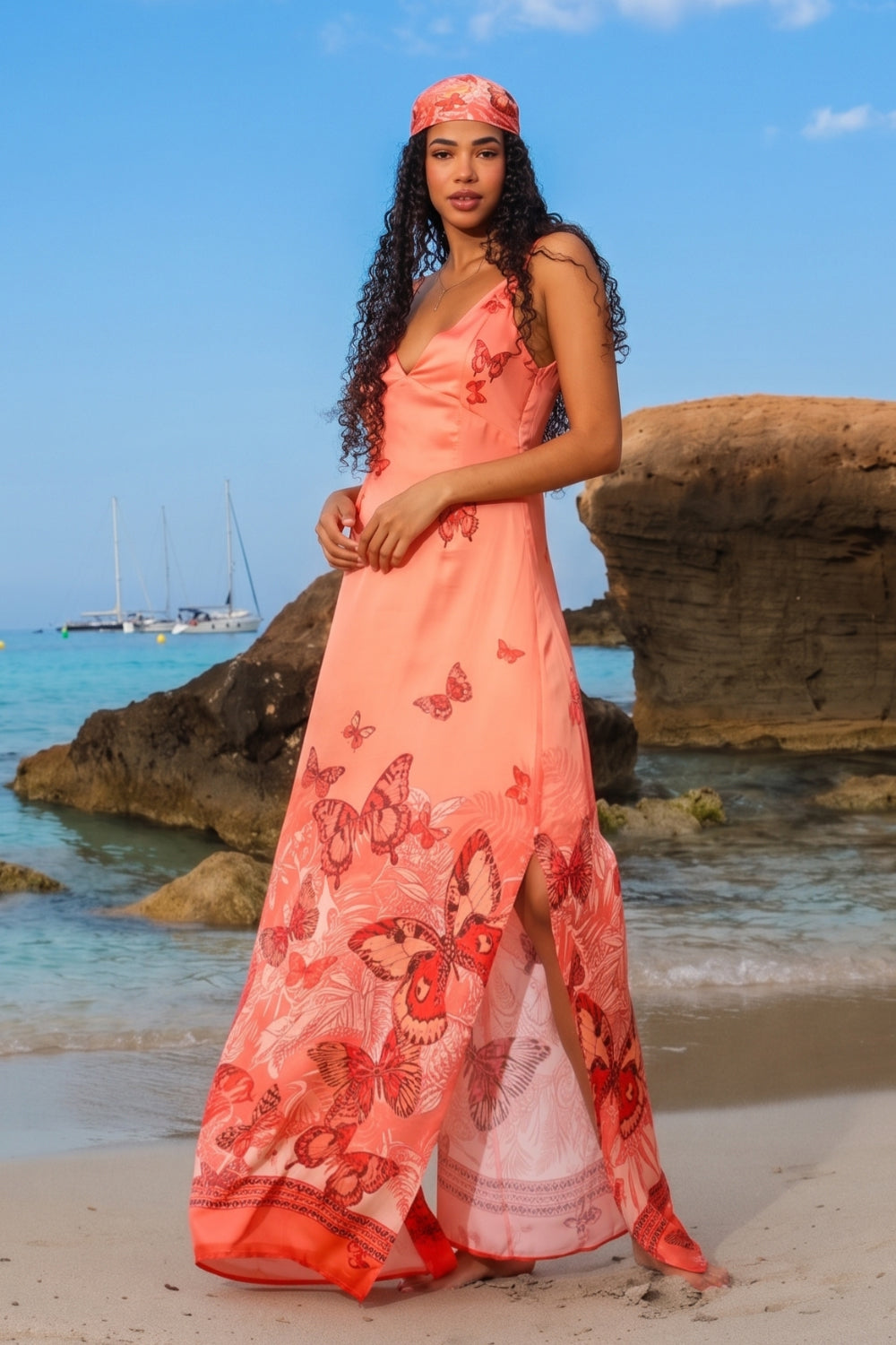 РОКЛЯ ТИП ОТ ВИСКОЗА С ОТВОРЕН ГРЪБ И ТЪНКИ ПРЕЗРАМКИ - PAPAYA BUTTERFLIES