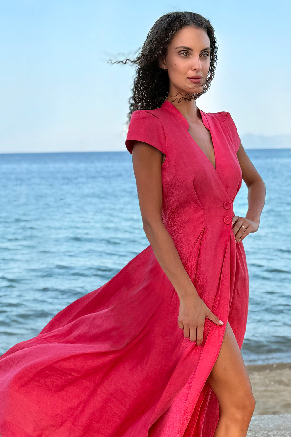 LONG FLARED LINEN DRESS IN FUCHSIA - ESSENTIALS JIORO ДЪЛГА РАЗКРОЕНА РОКЛЯ ОТ ЛЕН В ЦВЯТ ФУКСИЯ – ESSENTIALS JIORO