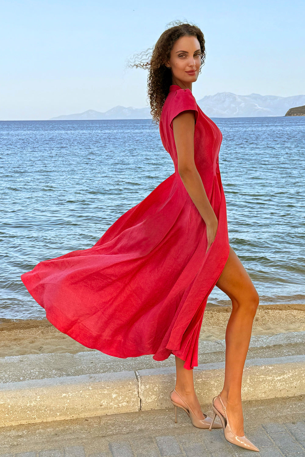 LONG FLARED LINEN DRESS IN FUCHSIA - ESSENTIALS JIORO ДЪЛГА РАЗКРОЕНА РОКЛЯ ОТ ЛЕН В ЦВЯТ ФУКСИЯ – ESSENTIALS JIORO