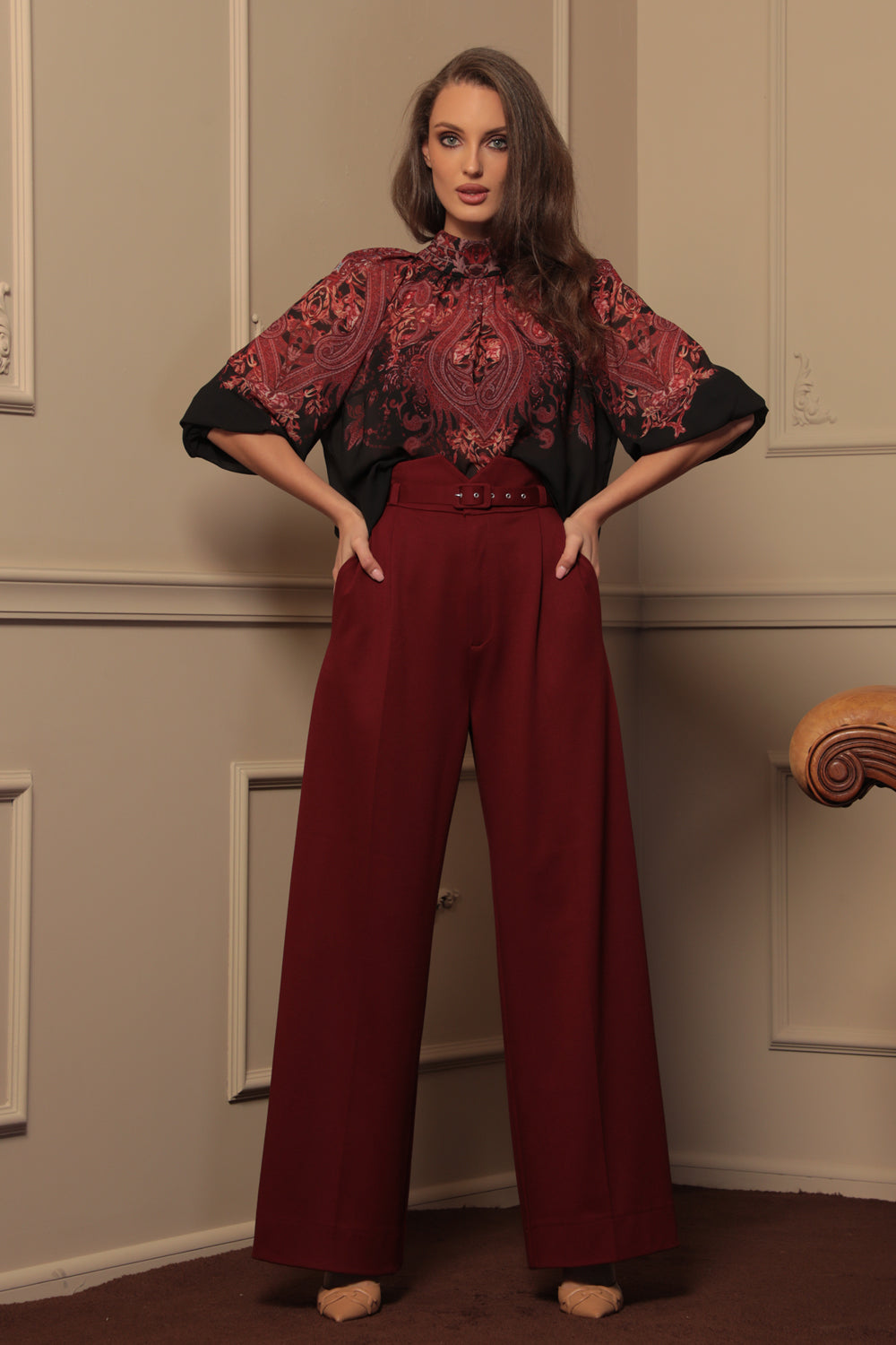 SHIRT WITH STATEMENT SLEEVES - PAISLEY DARK JIORO РИЗА С БОГАТИ РЪКАВИ - PAISLEY DARK JIORO