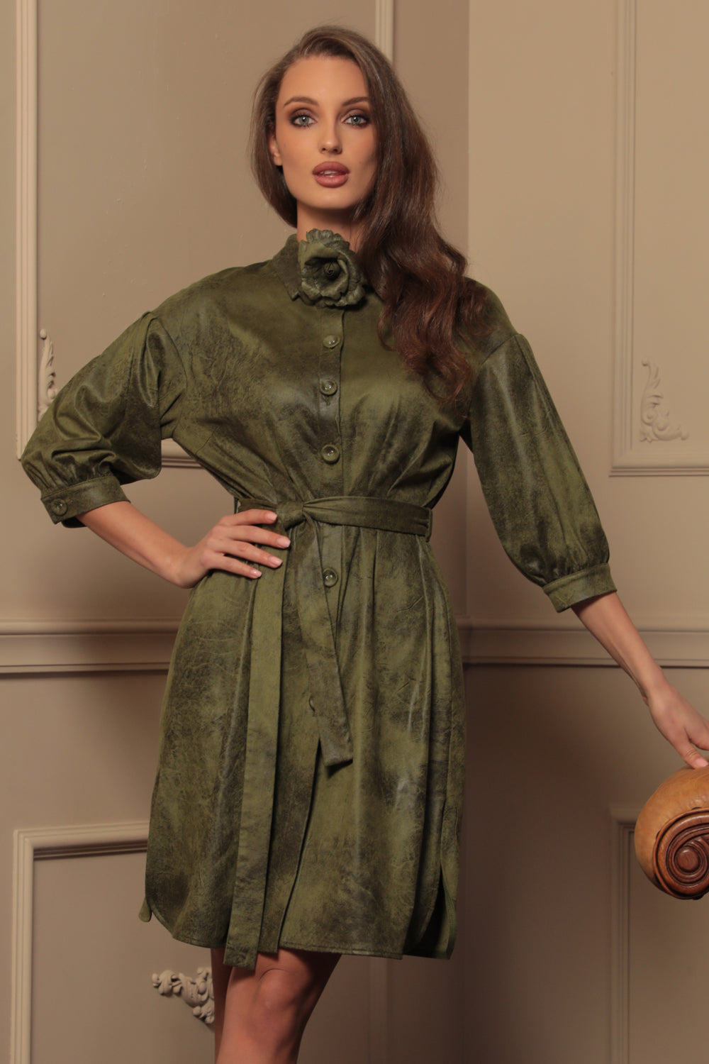 SUEDE-LOOK SHIRT DRESS IN OLIVE GREEN - ESSENTIALS