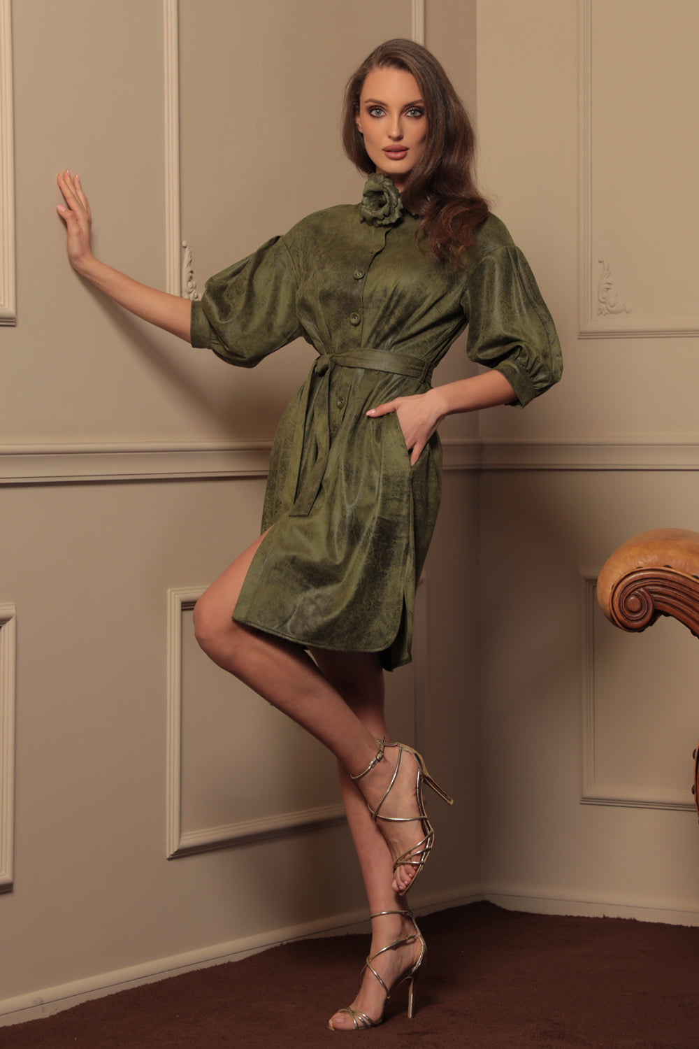 SUEDE-LOOK SHIRT DRESS IN OLIVE GREEN - ESSENTIALS