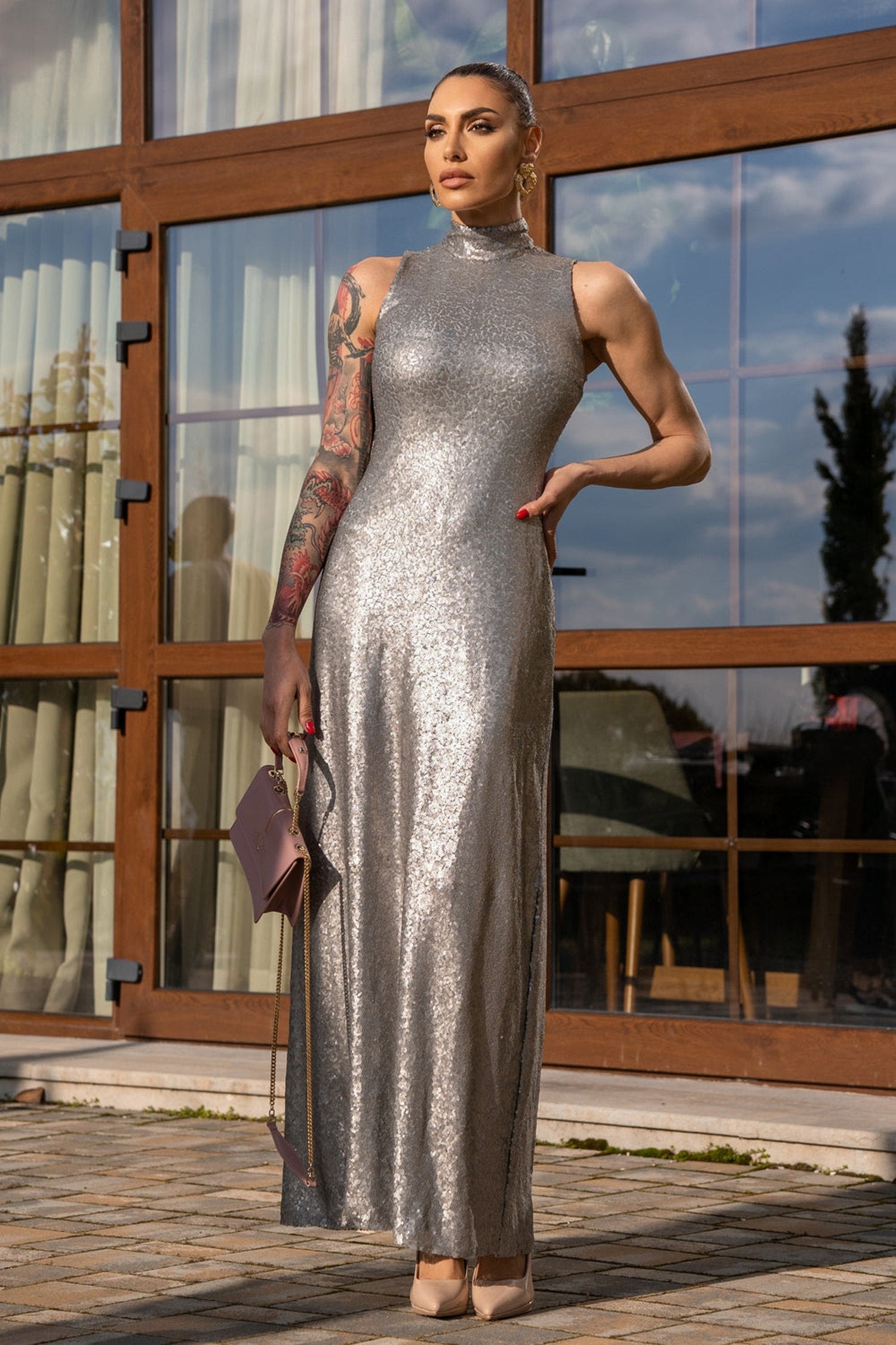 SILVER SEQUIN SLEEVELESS LONG DRESS - ESSENTIALS