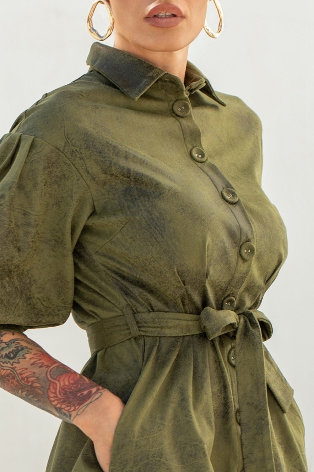 SUEDE-LOOK SHIRT DRESS IN OLIVE GREEN - ESSENTIALS