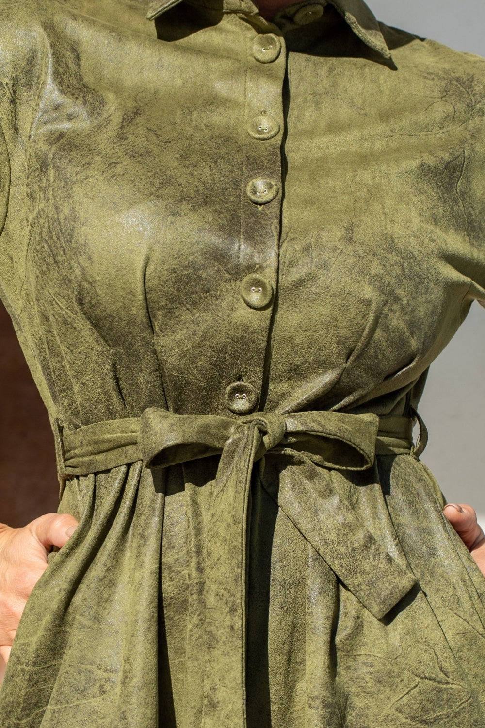SUEDE-LOOK SHIRT DRESS IN OLIVE GREEN - ESSENTIALS