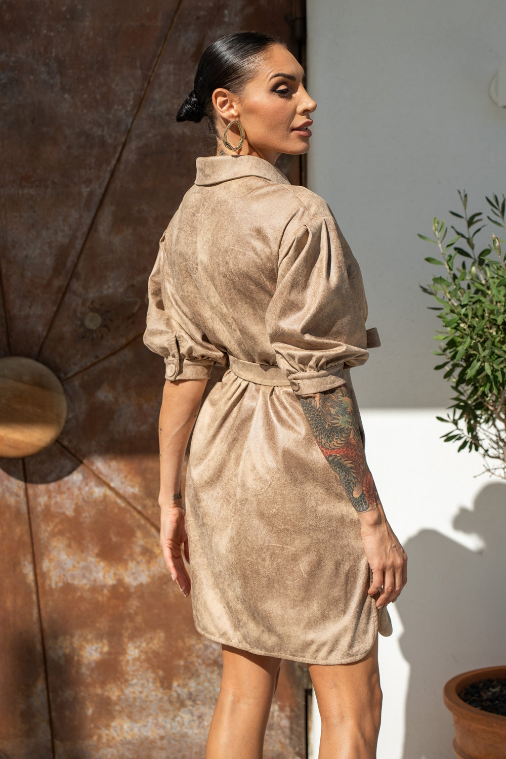 SUEDE-LOOK SHIRT DRESS IN CAPPUCINO - ESSENTIALS