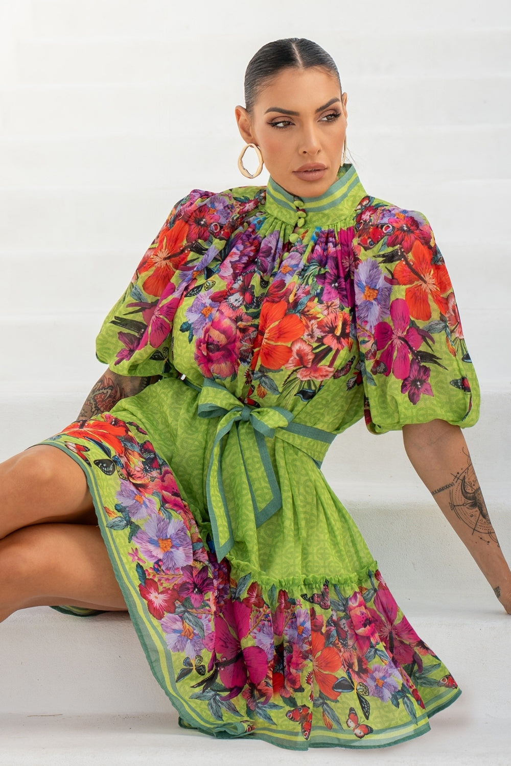 ШИФОНЕНА РОКЛЯ С ОБЕМЕН РЪКАВ - ACID GREEN LOGO