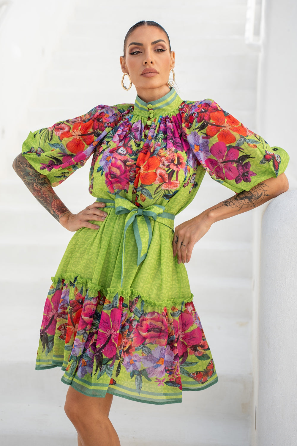 ШИФОНЕНА РОКЛЯ С ОБЕМЕН РЪКАВ - ACID GREEN LOGO