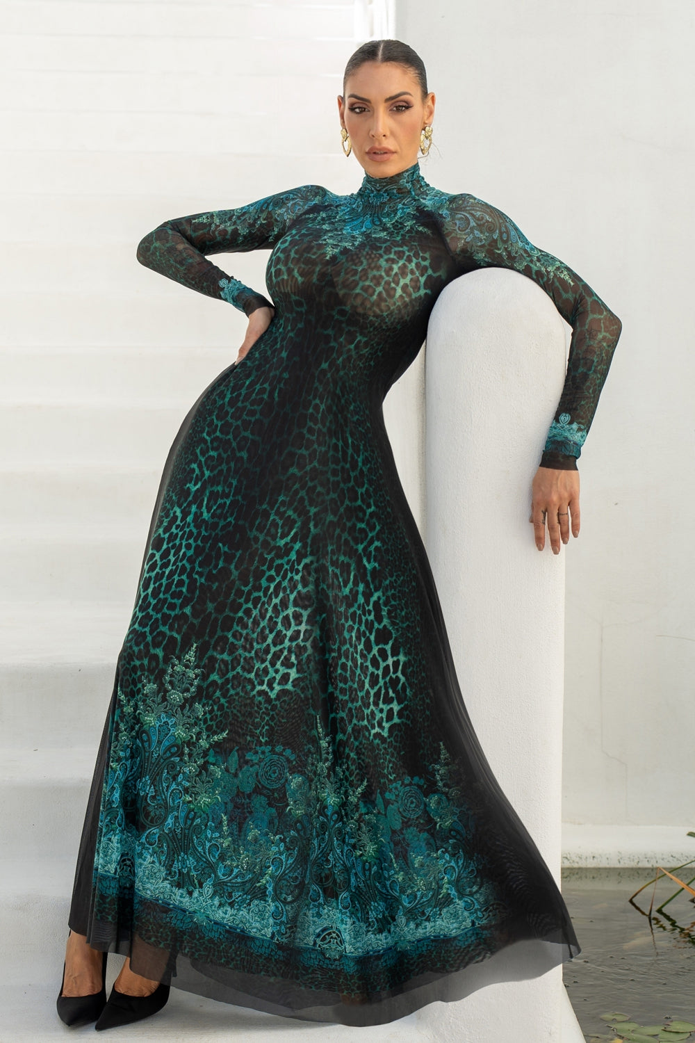 LONG FINE NET DRESS - LEO NEON GREEN
