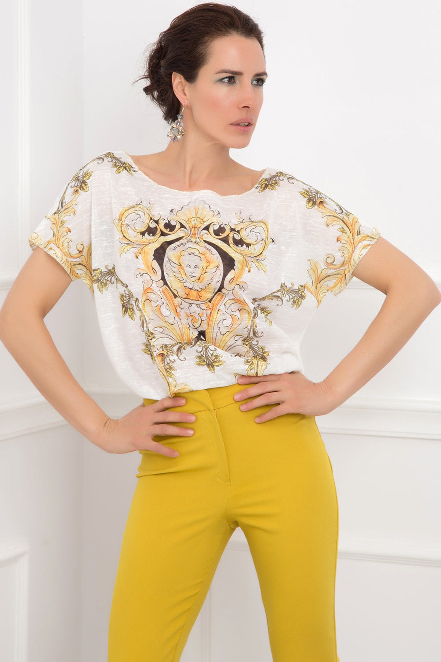LOOSE COTTON-BLEND PRINTED TOP