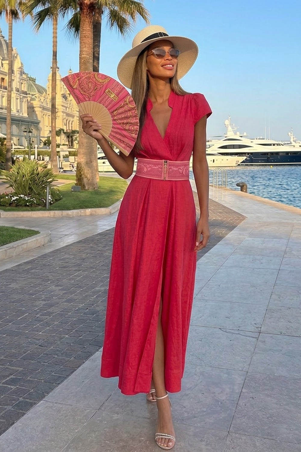 LONG FLARED LINEN DRESS IN FUCHSIA - ESSENTIALS