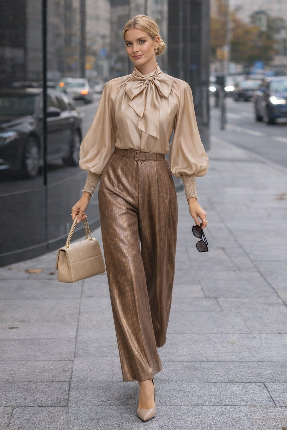 BOHEMIAN BEIGE LYOCELL BLOUSE WITH PUFF SLEEVES AND TIE-FRONT COLLAR - ESSENTIALS JIORO БОХЕМСКА РИЗА ОТ ЛИОЦЕЛ В БЕЖОВО С БОГАТИ РЪКАВИ И ВРЪЗКА - ESSENTIALS JIORO