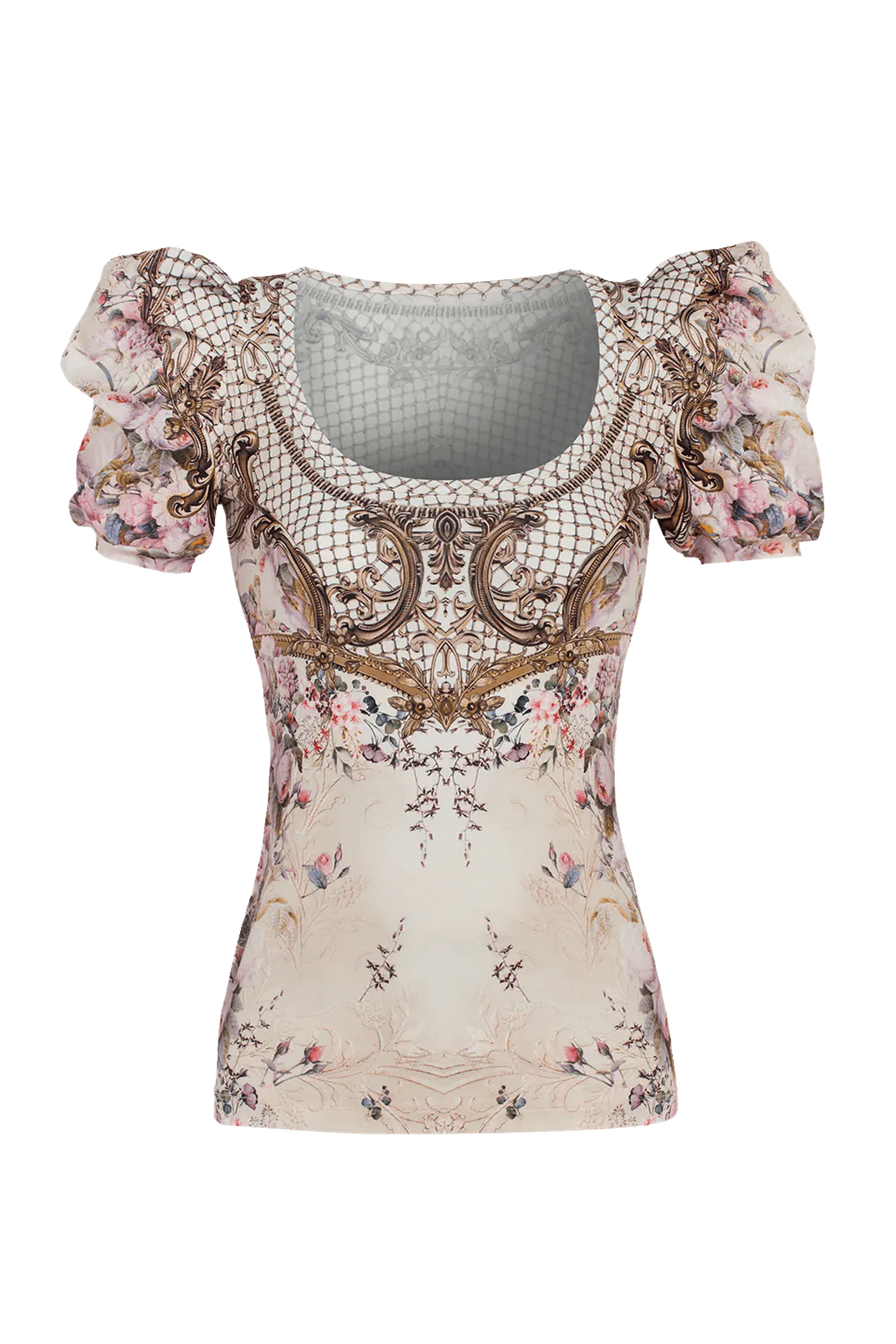 PUFF SLEEVE T-SHIRT - BAROQUE FLOWERS JIORO ТИШЪРТ С БУФАН РЪКАВИ - BAROQUE FLOWERS JIORO