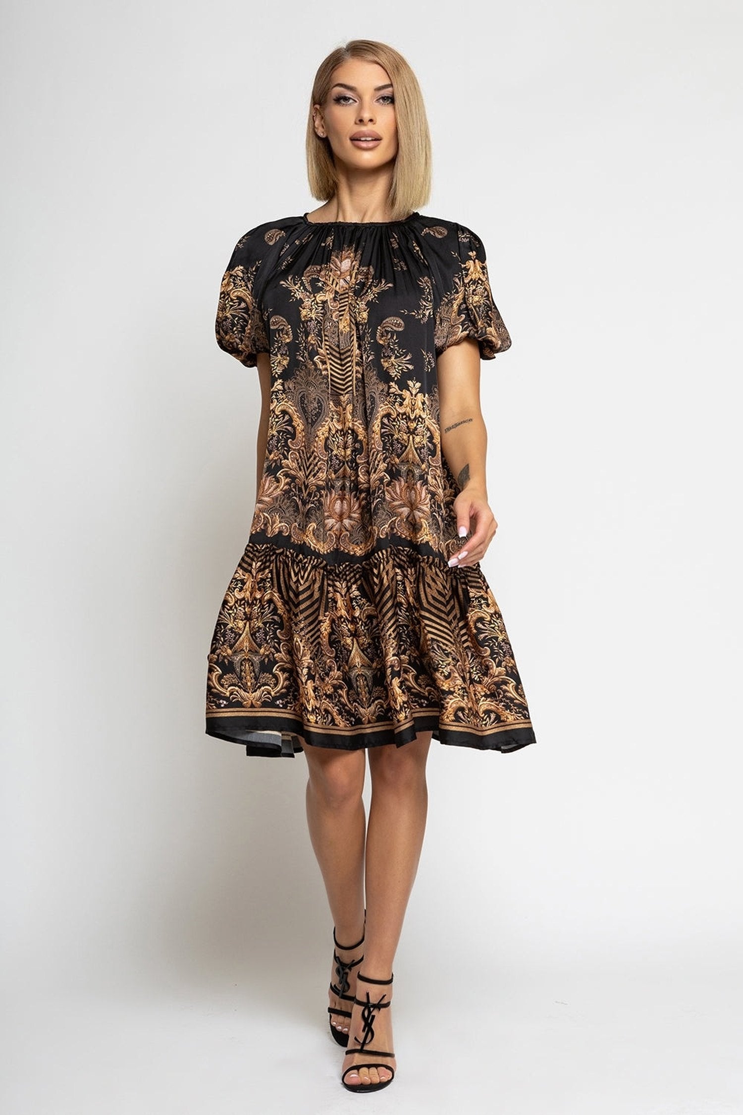 РОКЛЯ С БУФАН РЪКАВ ОТ ВИСКОЗА - GOLDEN STRIPES