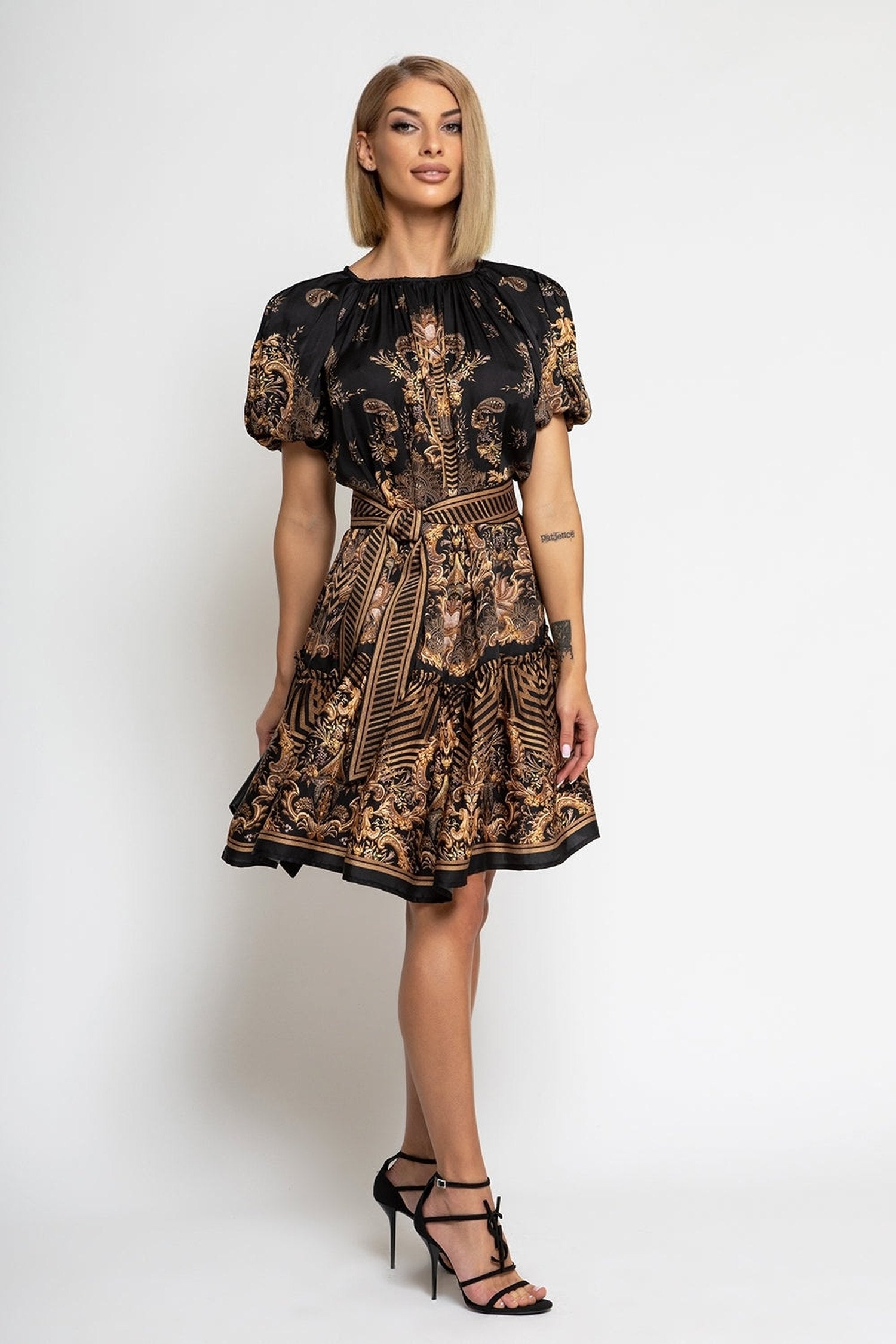 VISCOSE SATIN DRESS WITH PUFF SLEEVES - GOLDEN STRIPES JIORO РОКЛЯ С БУФАН РЪКАВ ОТ ВИСКОЗА - GOLDEN STRIPES JIORO