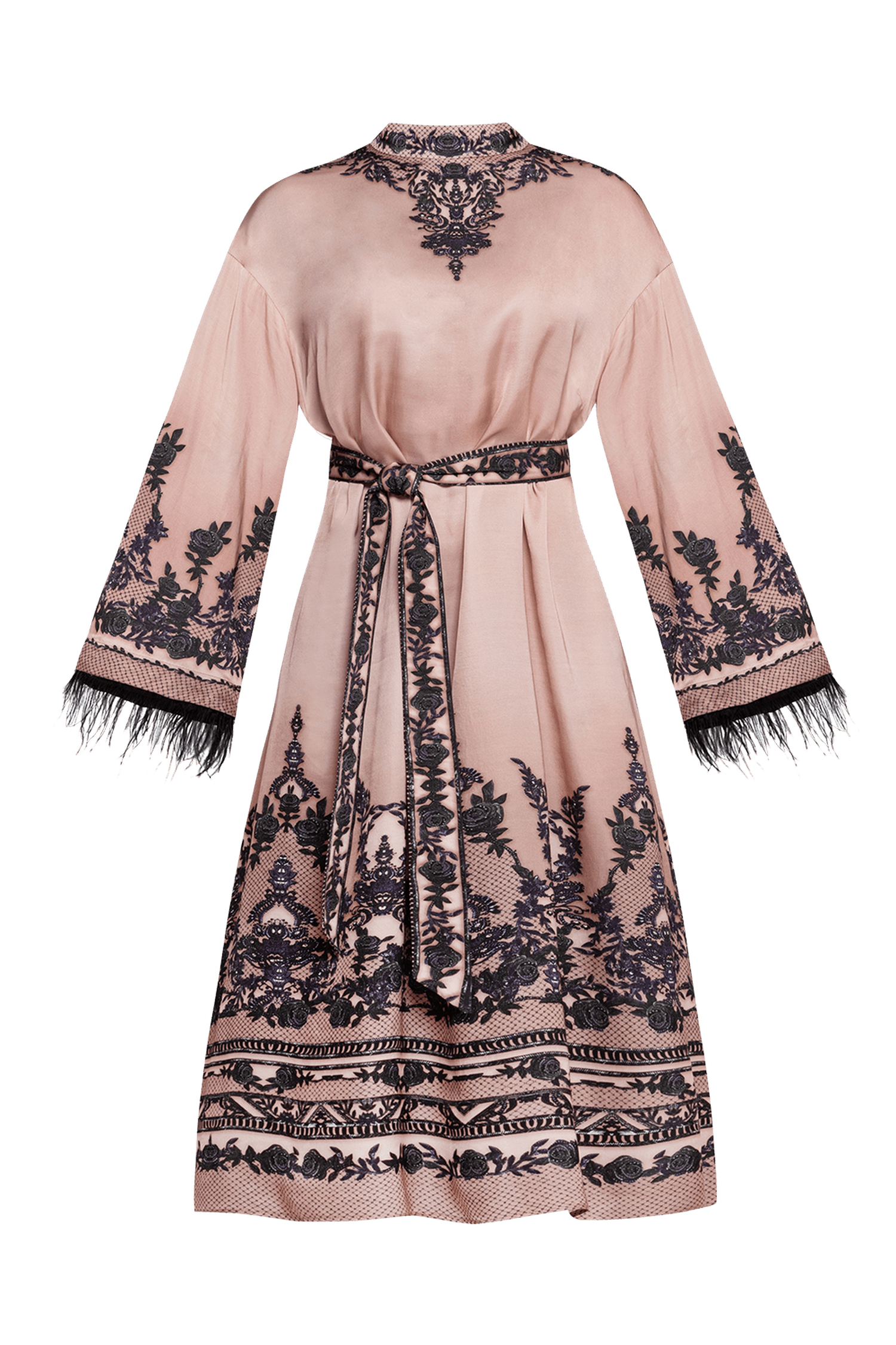 VISCOSE SATIN CAFTAN WITH FEATHERS - GRAFFITI POWDER