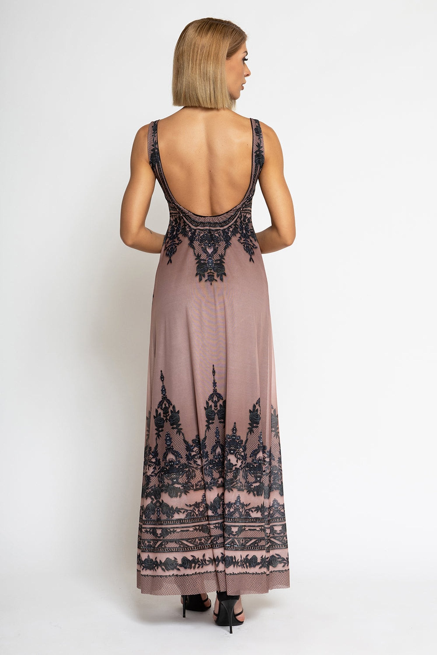 MESH MAXI DRESS WITH BARE BACK - GRAFFITI POWDER