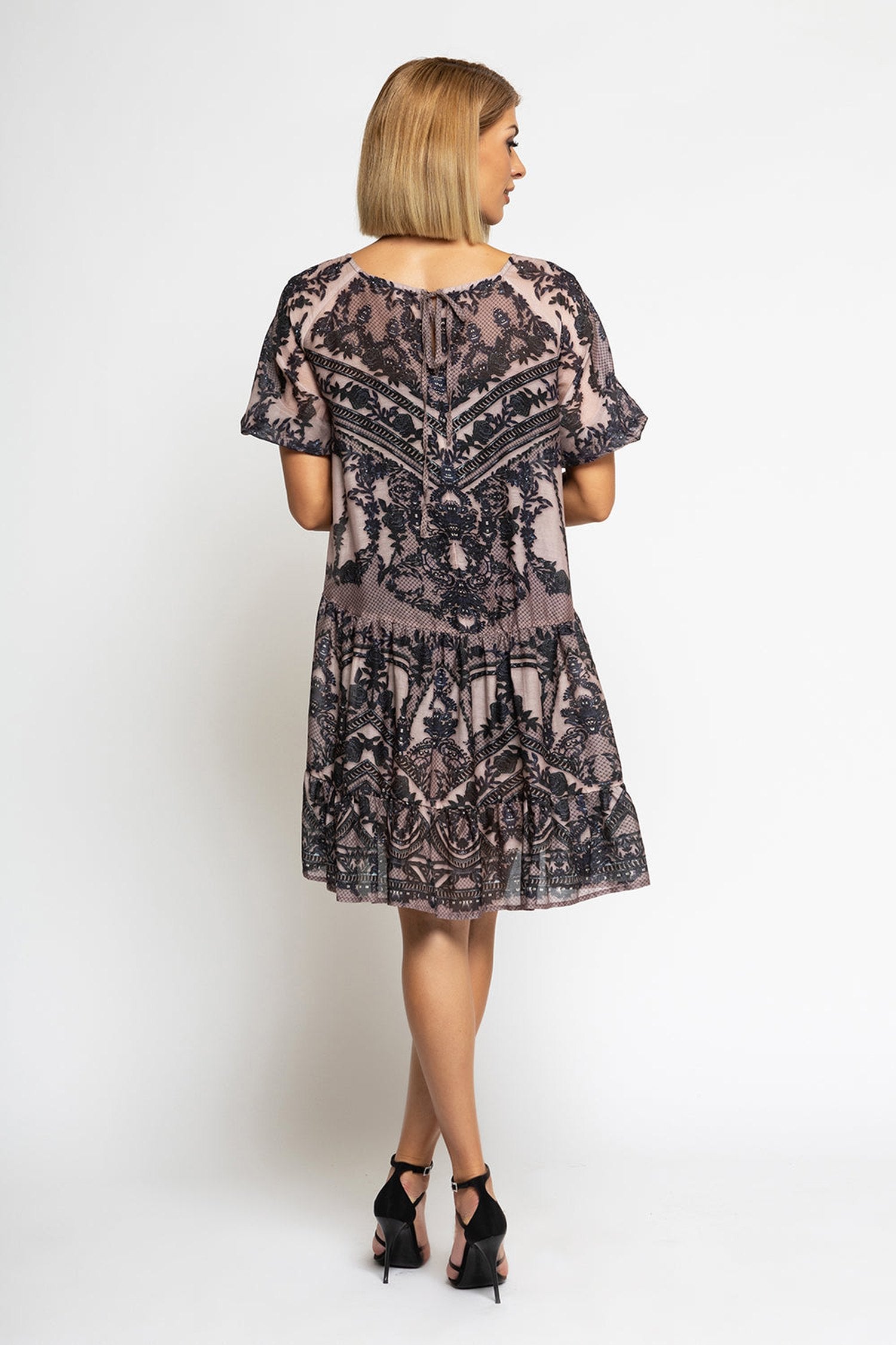 SILK VISCOSE DRESS WITH RUFFLE - GRAFFITI POWDER