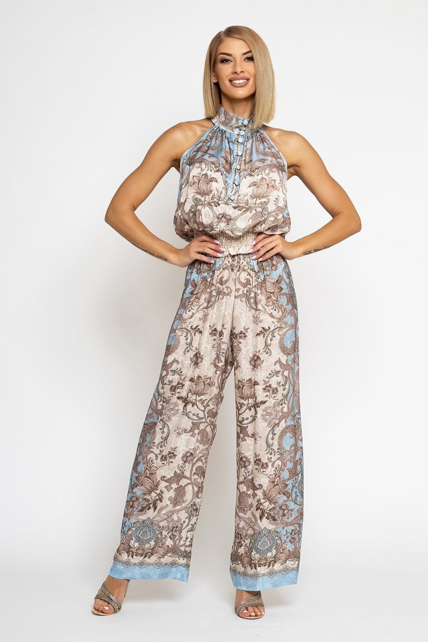 SATIN VISCOSE LOOSE FIT PANTS - PAISLEY SKY