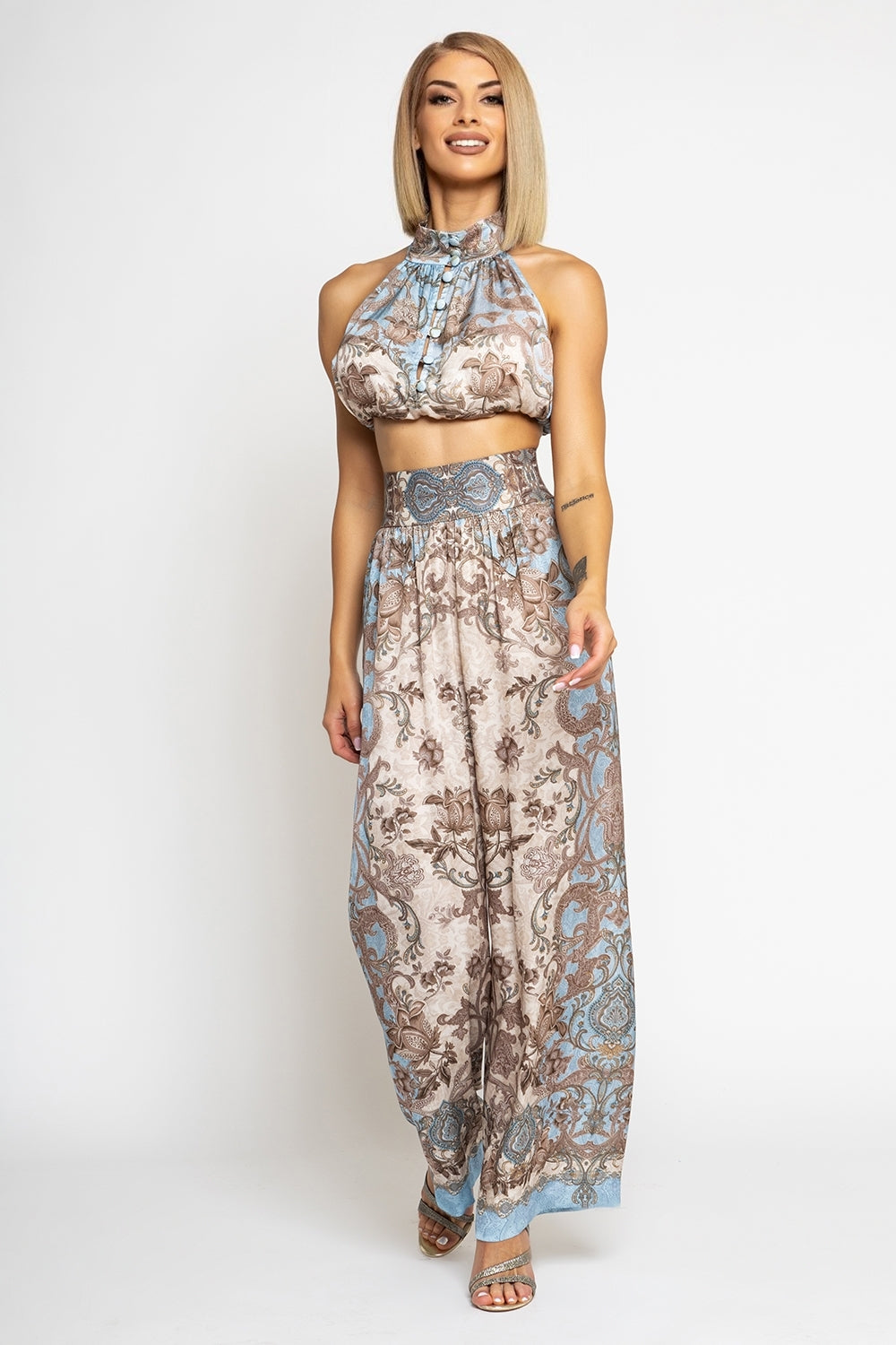 SATIN VISCOSE LOOSE FIT PANTS - PAISLEY SKY