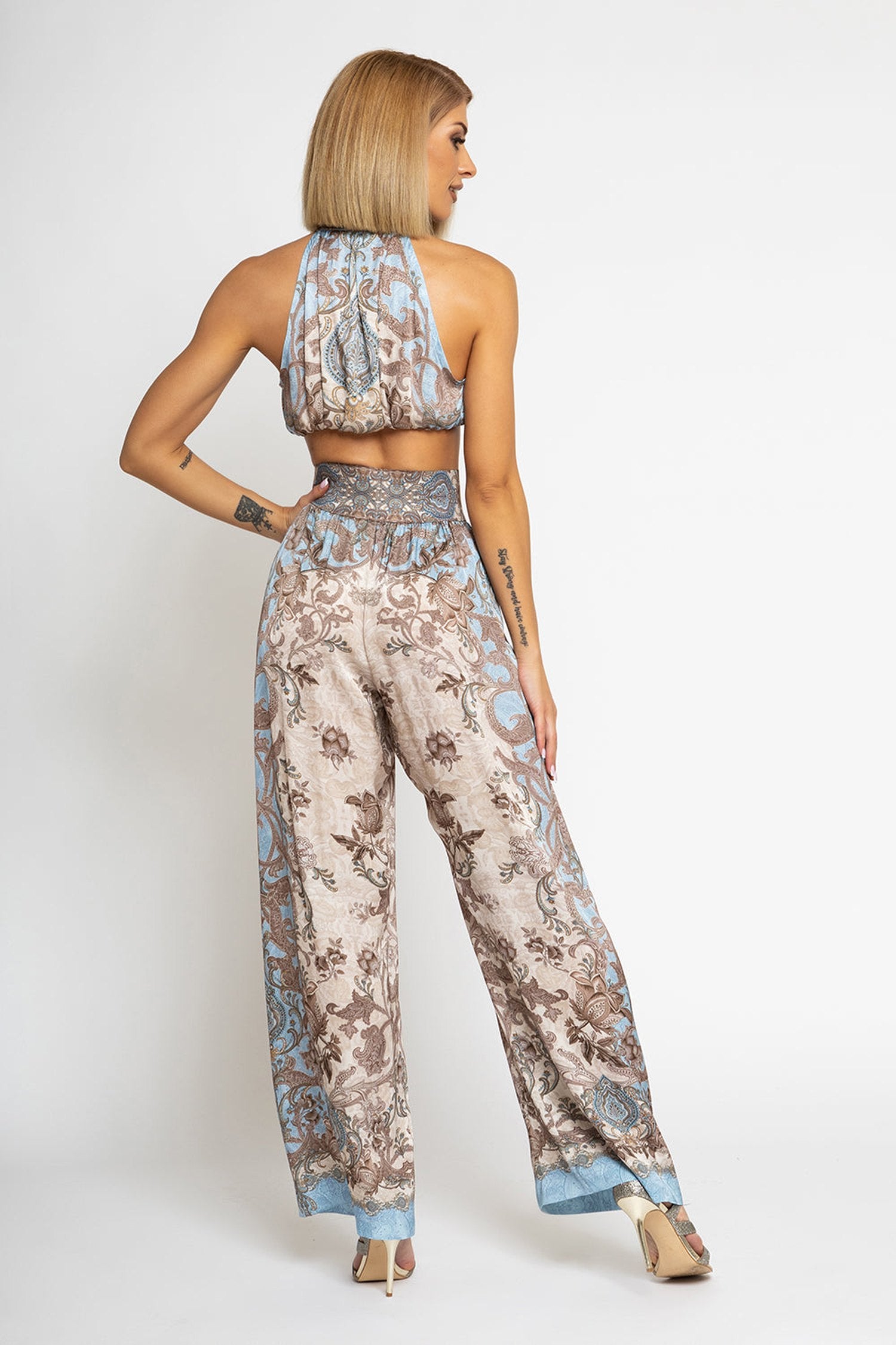 SATIN VISCOSE LOOSE FIT PANTS - PAISLEY SKY