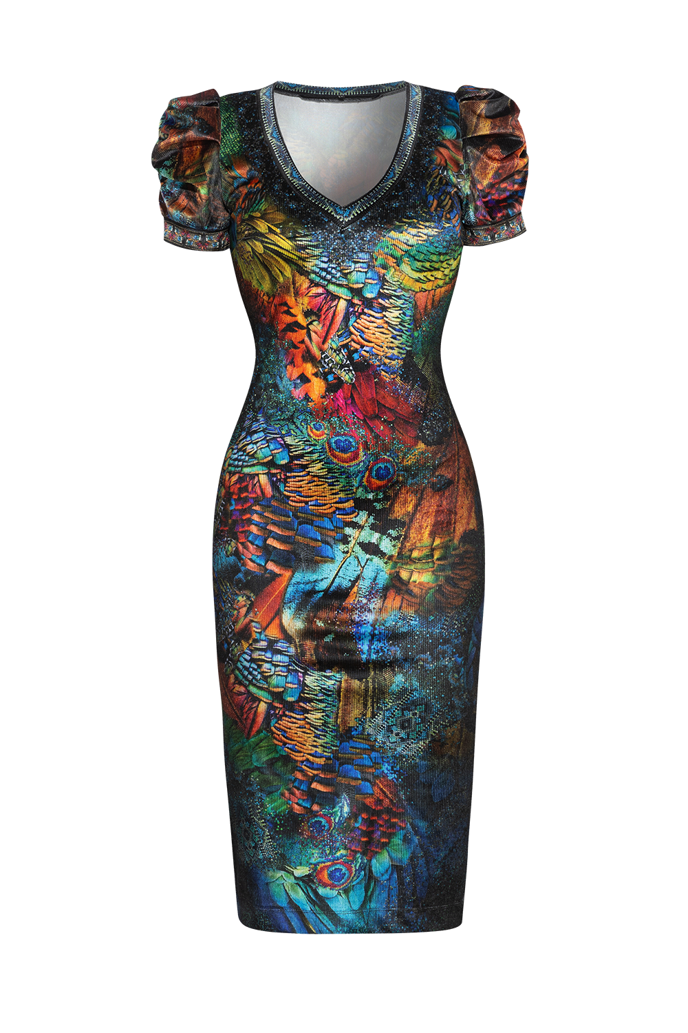 RIBBED VELVET DRESS WITH PUFF SLEEVES - AMAZONIA