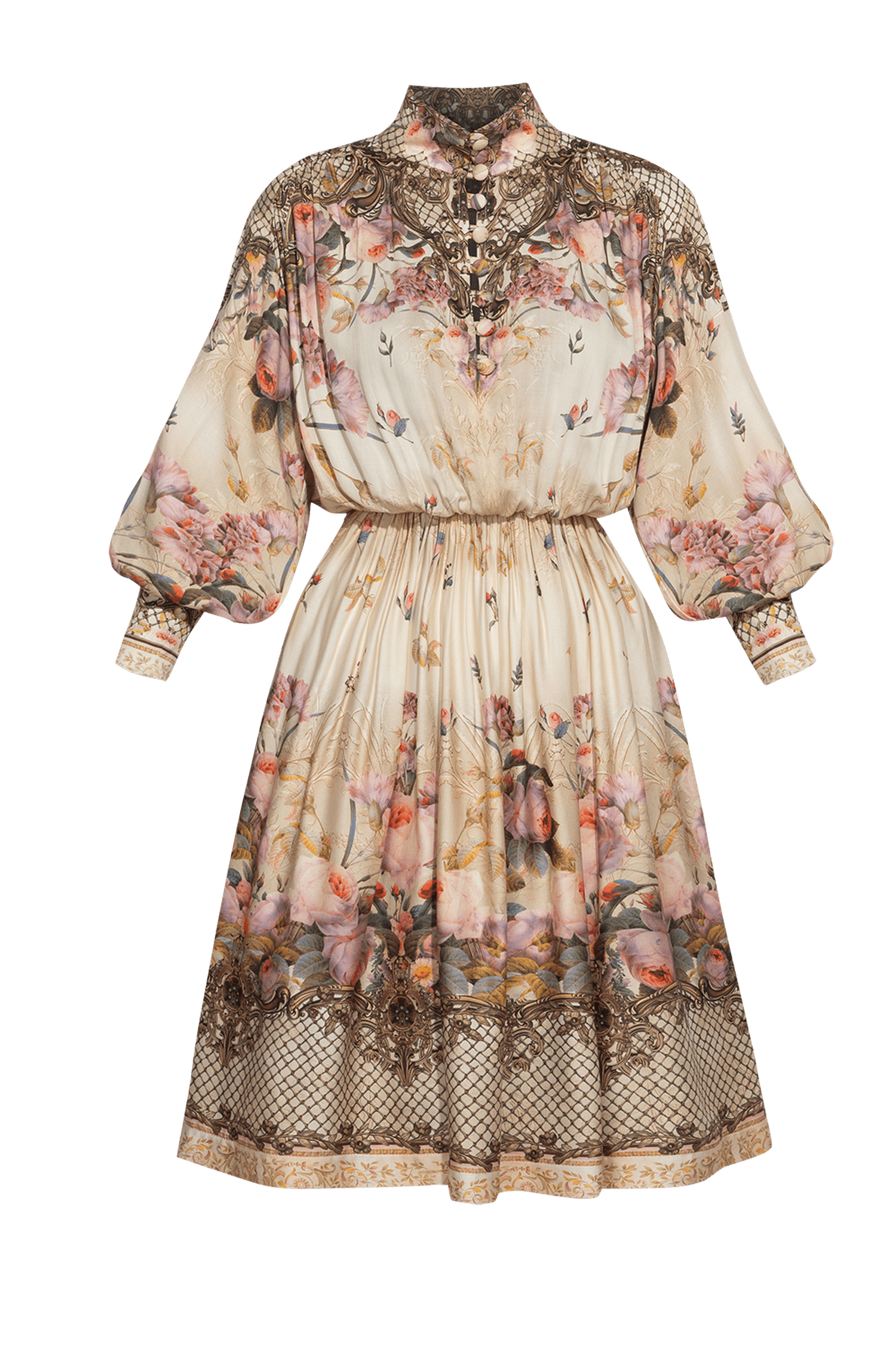 BOHO LONG-SLEEVE VISCOSE DRESS - BAROQUE FLOWERS