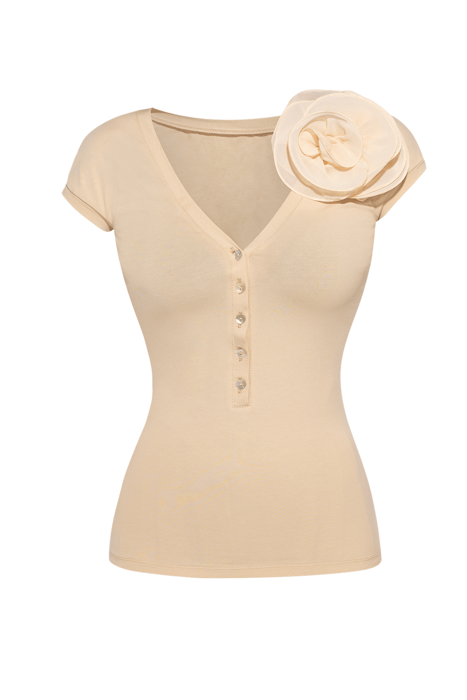 COTTON BUTTONED T-SHIRT WITH SHOULDER FLOWER - ESSENTIALS JIORO ПАМУЧЕН ТОП С КОПЧЕТА И ЦВЕТЕ НА РАМОТО - ESSENTIALS JIORO
