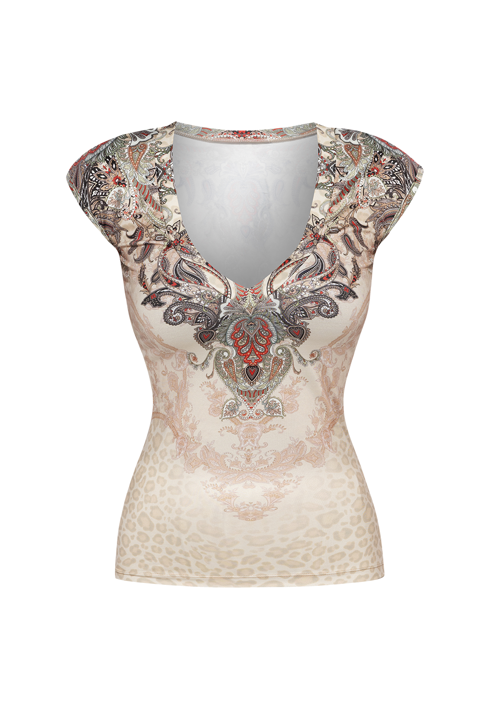 БЕЙСИК ТИШЪРТ С V ДЕКОЛТЕ - PAISLEY BEIGE