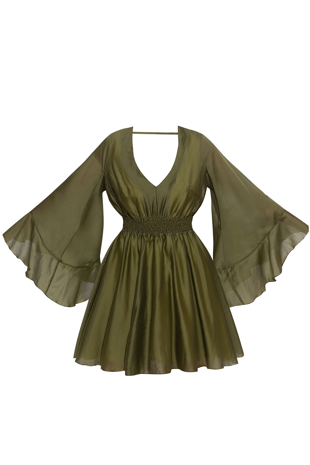 SHORT TENCEL DRESS WITH WIDE SLEEVES IN OLIVE GREEN - ESSENTIALS JIORO КЪСА РОКЛЯ ОТ ЛИОЦЕЛ С ШИРОК РЪКАВ В ЗЕЛЕНО - ESSENTIALS JIORO