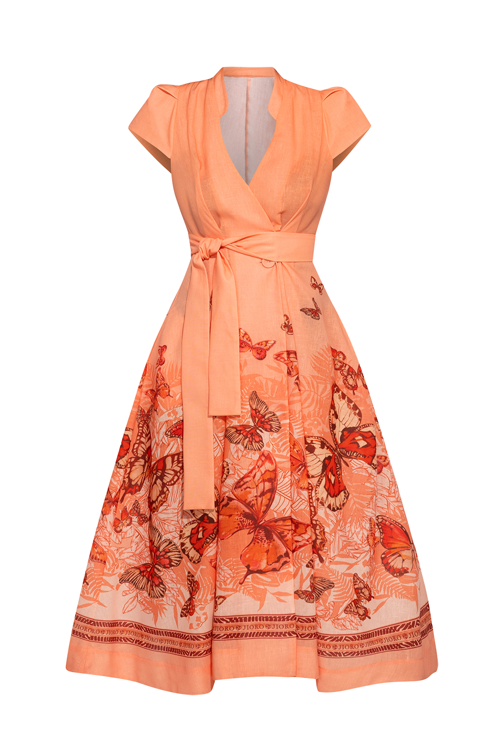 LONG FLARED LINEN DRESS - PAPAYA BUTTERFLIES