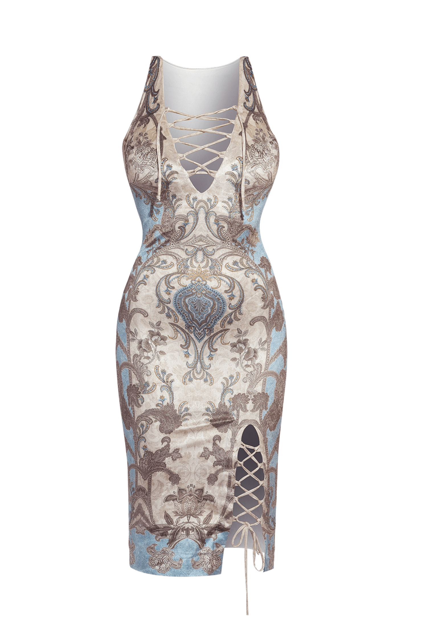 FITTED RIBBED VELVET DRESS WITH V-NECKLINE - PAISLEY SKY JIORO ВТАЛЕНА РОКЛЯ ОТ РИПСЕНО КАДИФЕ С V-ДЕКОЛТЕ - PAISLEY SKY JIORO