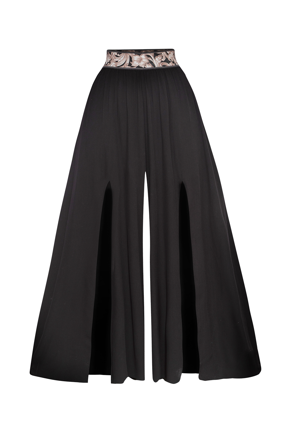 BLACK VISCOSE PANTS WITH ELASTIC WAIST IN BAROQUE PEARL AND SLITS - ESSENTIALS