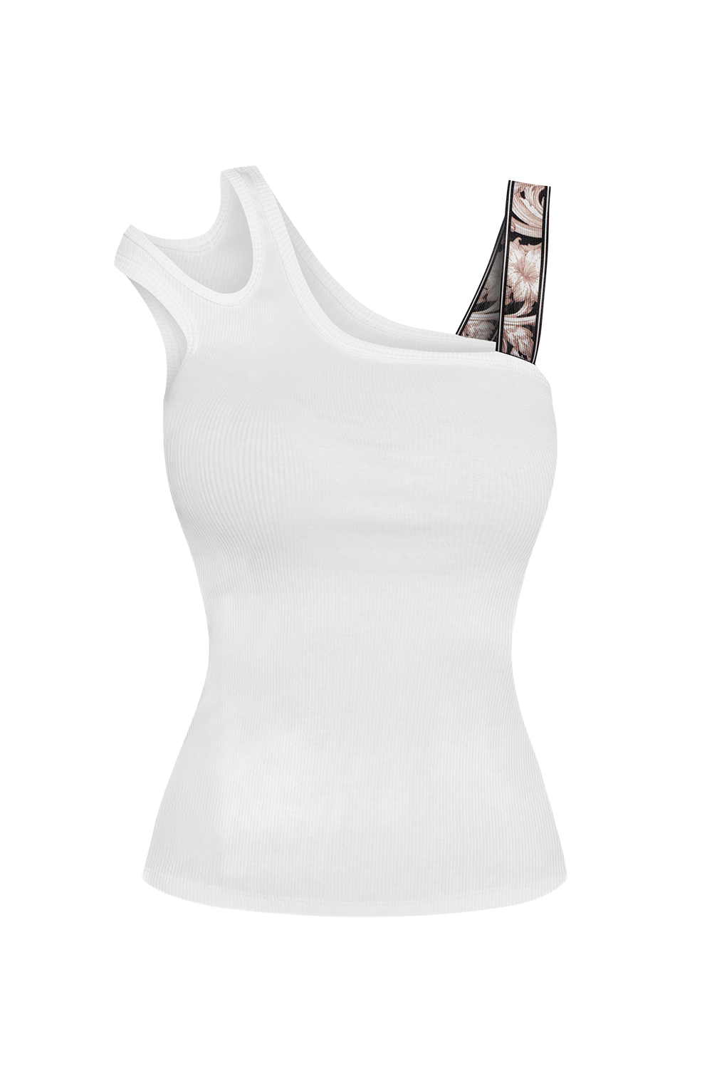 ASYMMETRICAL RIBBED TANK TOP IN WHITE WITH ELASTIC STRAP BAROQUE PEARL - ESSENTIALS