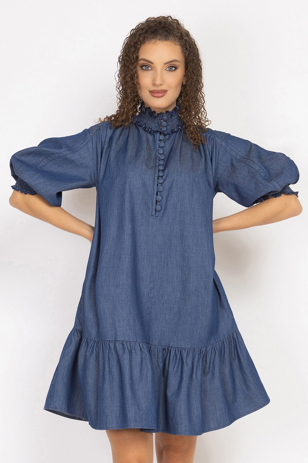 DENIM DRESS WITH ELASTICATED NECKLINE AND BELT - ESSENTIALS JIORO ДЪНКОВА РОКЛЯ С ЛАСТИЧНА ЯКА И КОЛАН - ESSENTIALS JIORO