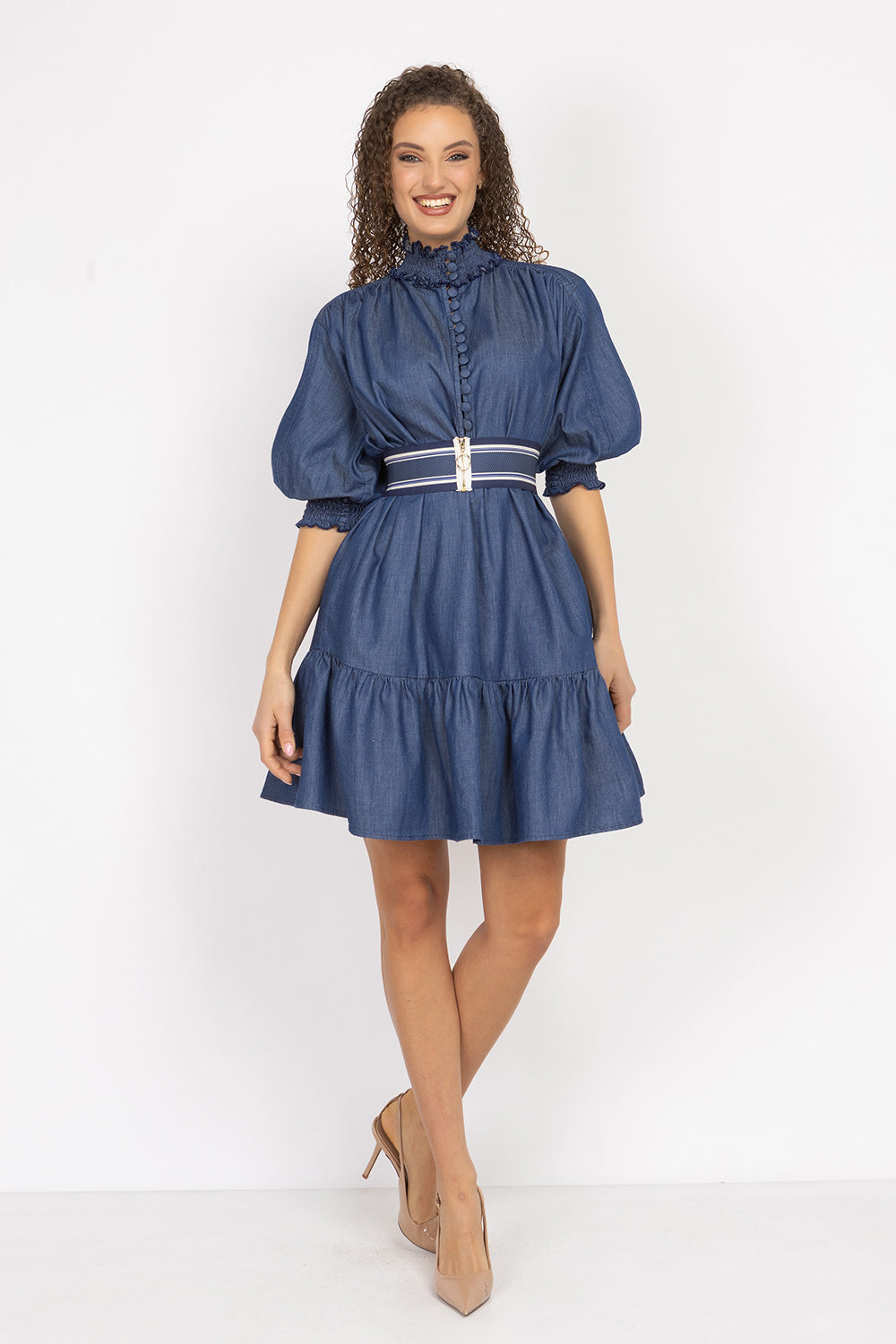 DENIM DRESS WITH ELASTICATED NECKLINE AND BELT - ESSENTIALS JIORO ДЪНКОВА РОКЛЯ С ЛАСТИЧНА ЯКА И КОЛАН - ESSENTIALS JIORO