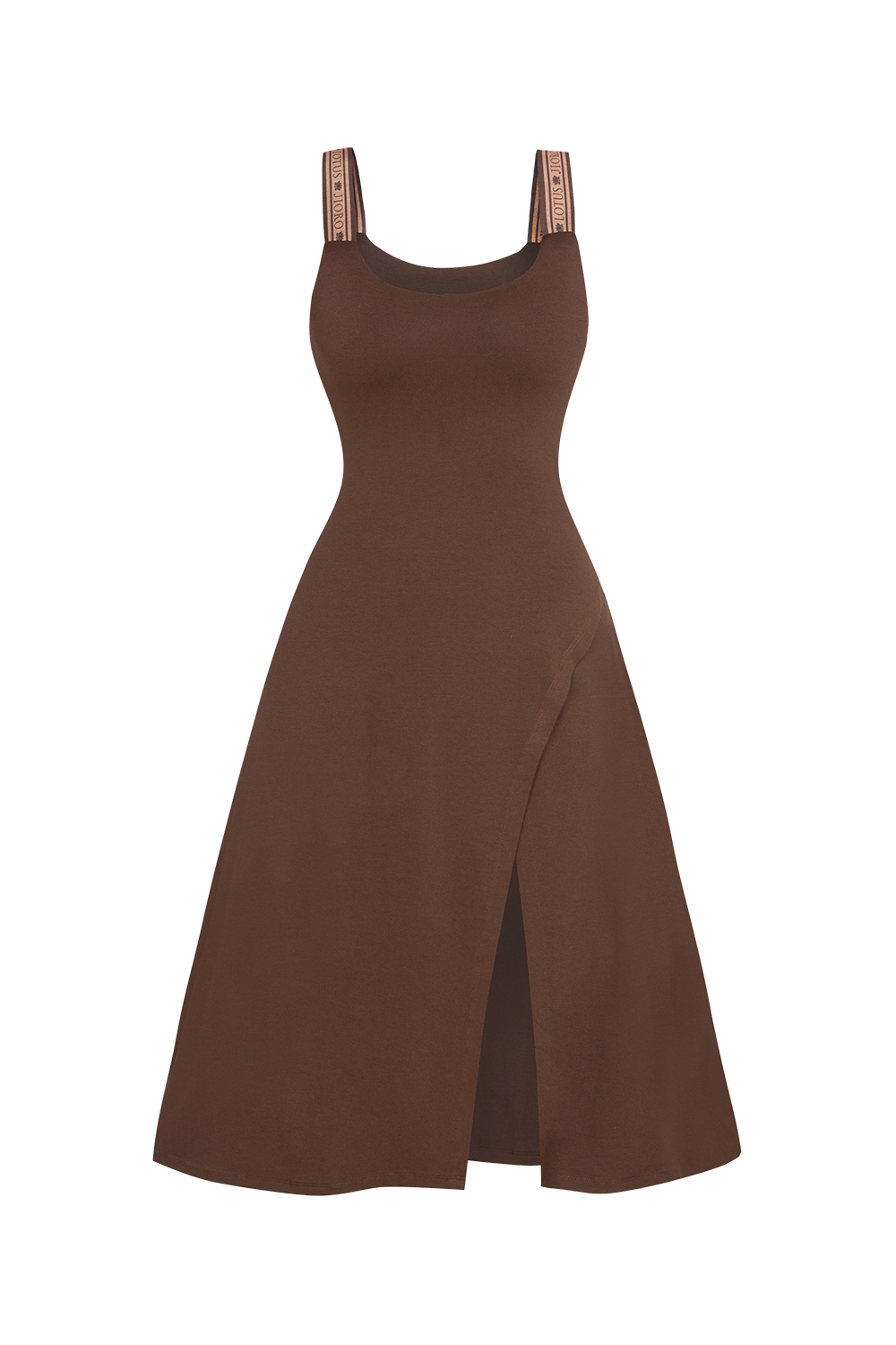 BROWN VISCOSE STRAP DRESS WITH ELASTIC DETAIL AND SOFT A-LINE SILHOUETTE - ESSENTIALS