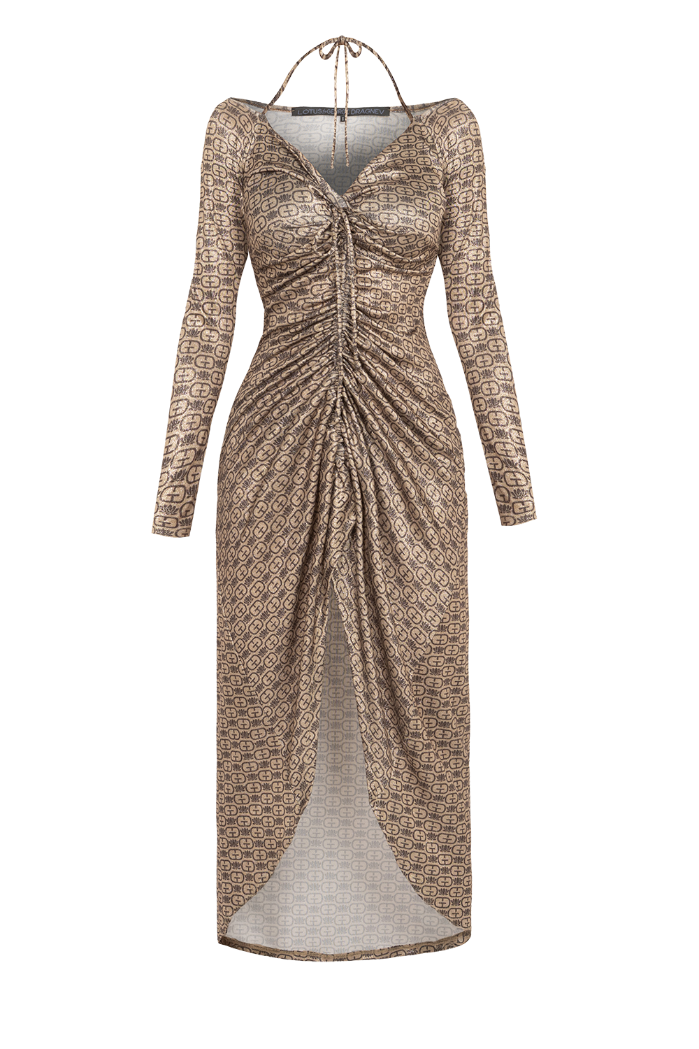 АСИМЕТРИЧНА РОКЛЯ ОТ ЛУРЕКС С ВЪЗЕЛ И ШНУР ОТПРЕД - DARK BROWN LOGO