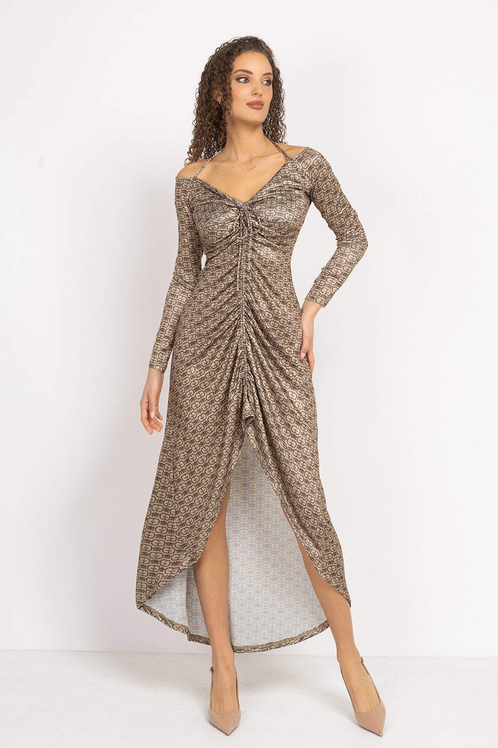 АСИМЕТРИЧНА РОКЛЯ ОТ ЛУРЕКС С ВЪЗЕЛ И ШНУР ОТПРЕД - DARK BROWN LOGO