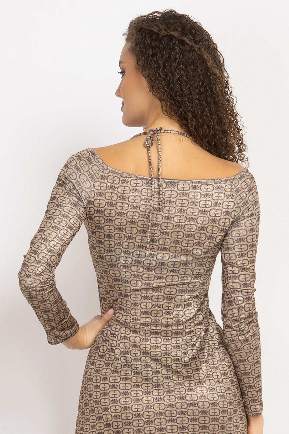 АСИМЕТРИЧНА РОКЛЯ ОТ ЛУРЕКС С ВЪЗЕЛ И ШНУР ОТПРЕД - DARK BROWN LOGO