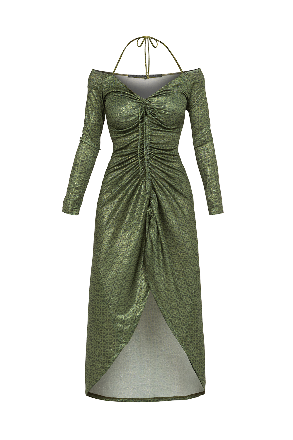 АСИМЕТРИЧНА РОКЛЯ ОТ ЛУРЕКС С ВЪЗЕЛ И ШНУР ОТПРЕД - EMERALD GREEN LOGO