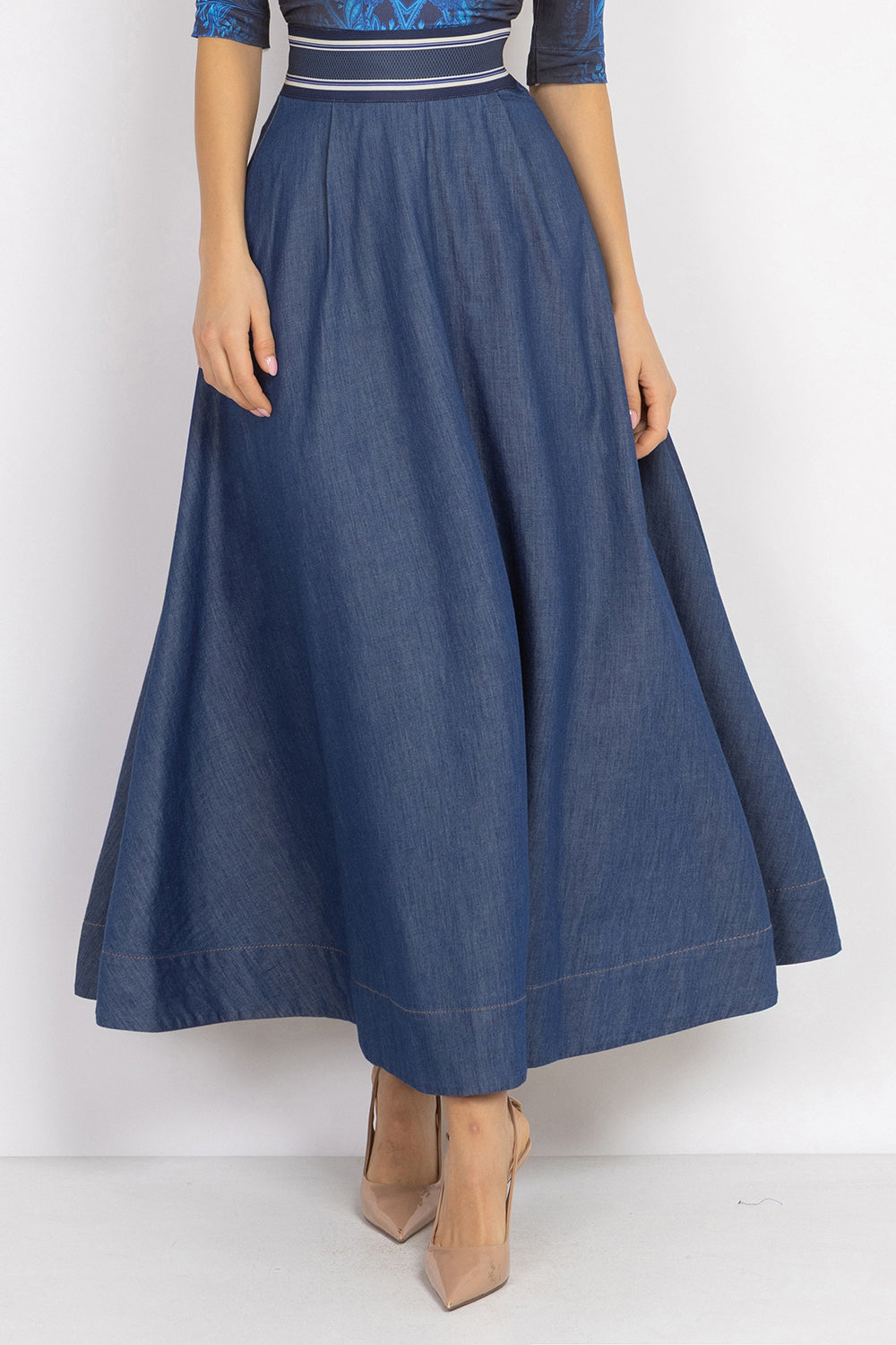 LONG DENIM SKIRT WITH ELASTIC WAIST AND SIDE POCKETS - ESSENTIALS JIORO ДЪЛГА ПОЛА ОТ ДЕНИМ С ЛАСТИК И СТРАНИЧНИ ДЖОБОВЕ - ESSENTIALS JIORO