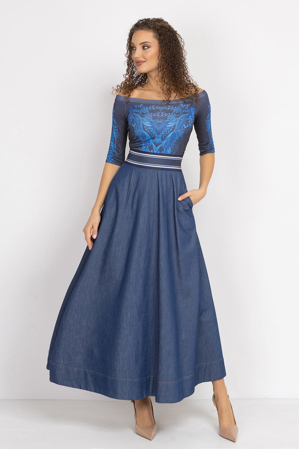 LONG DENIM SKIRT WITH ELASTIC WAIST AND SIDE POCKETS - ESSENTIALS JIORO ДЪЛГА ПОЛА ОТ ДЕНИМ С ЛАСТИК И СТРАНИЧНИ ДЖОБОВЕ - ESSENTIALS JIORO