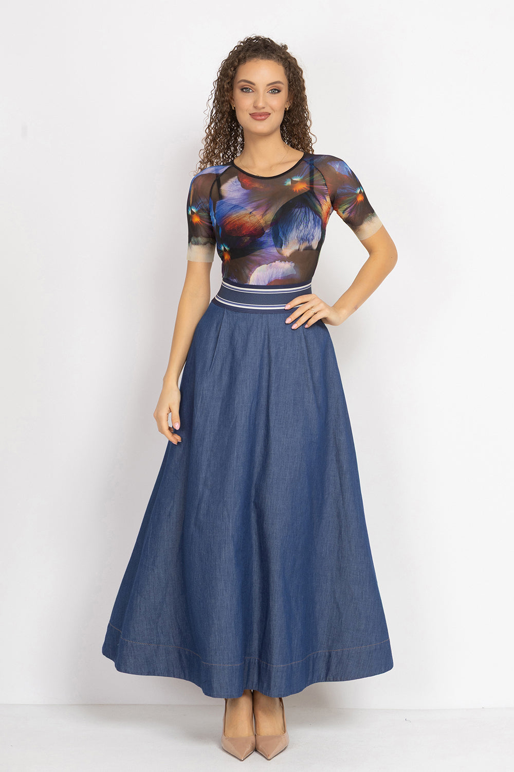 LONG DENIM SKIRT WITH ELASTIC WAIST AND SIDE POCKETS - ESSENTIALS JIORO ДЪЛГА ПОЛА ОТ ДЕНИМ С ЛАСТИК И СТРАНИЧНИ ДЖОБОВЕ - ESSENTIALS JIORO